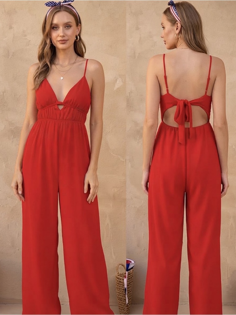 Timing Red Tie-Back Wide-Leg Jumpsuit